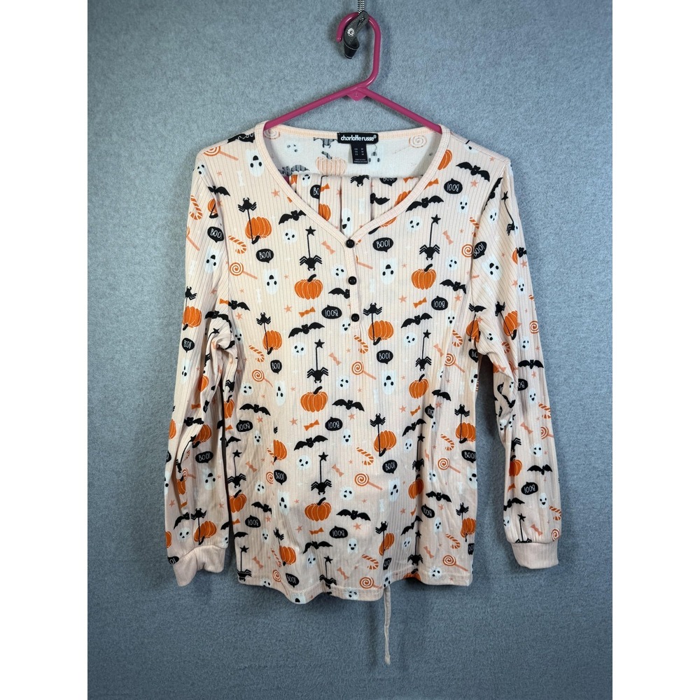 Charlotte Russe Pajama Set Womens Medium Peach Halloween Pumpkin Ghost Print